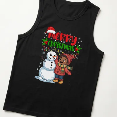 Kawaii cartoon of a boy building a snowman with Merry Christmas text — printed on a tank top
