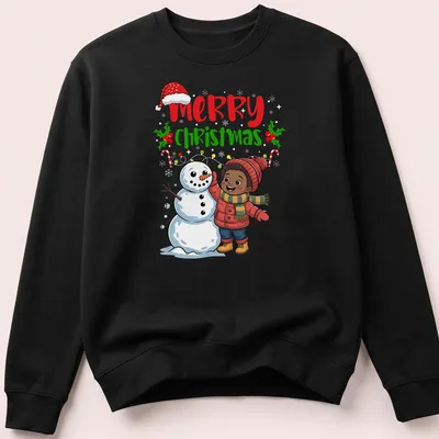 Kawaii cartoon of a boy building a snowman with Merry Christmas text — printed on a unisex sweatshirt
