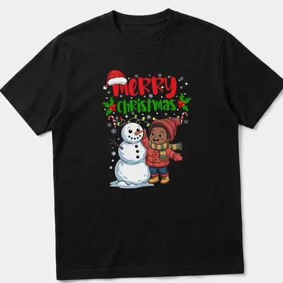 Kawaii cartoon of a boy building a snowman with Merry Christmas text