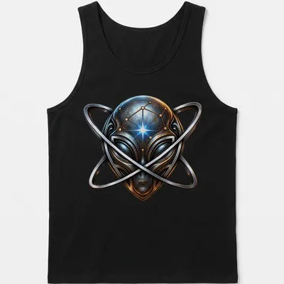 Metallic alien head with atomic symbol in silver, blue, gold, and black — printed on a tank top