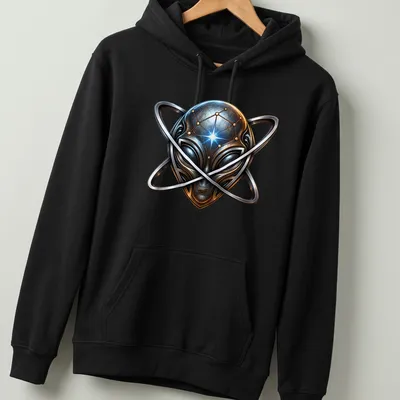 Metallic alien head with atomic symbol in silver, blue, gold, and black — printed on a unisex hoodie