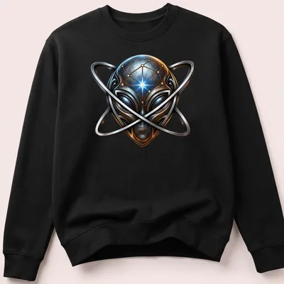 Metallic alien head with atomic symbol in silver, blue, gold, and black — printed on a unisex sweatshirt