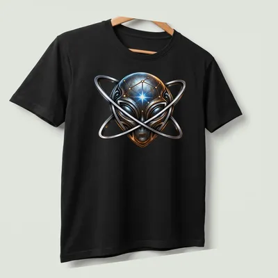 Metallic alien head with atomic symbol in silver, blue, gold, and black — printed on a unisex t-shirt (angled view)