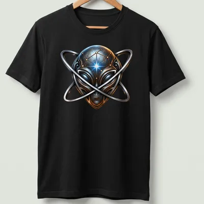 Metallic alien head with atomic symbol in silver, blue, gold, and black