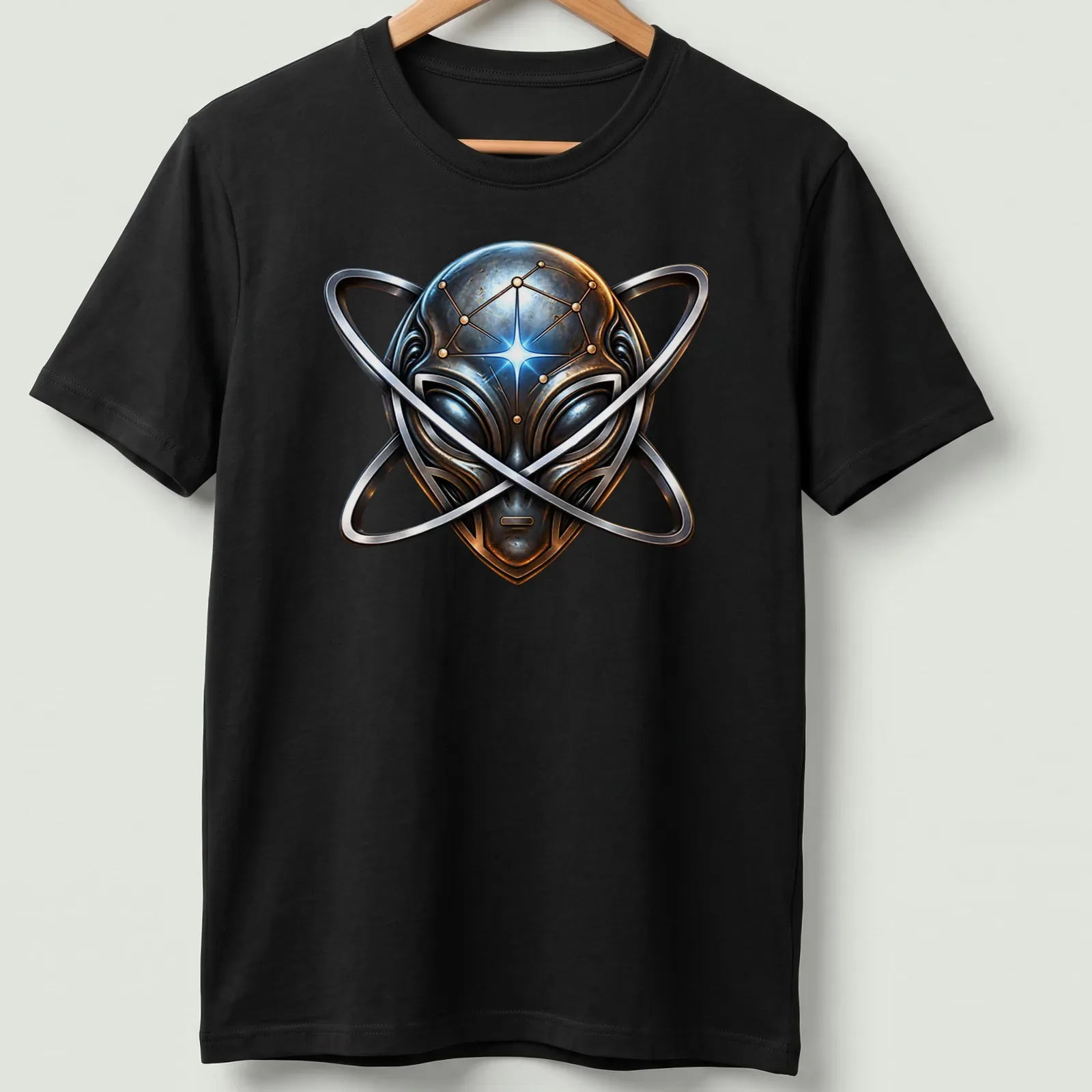 Metallic alien head with atomic symbol in silver, blue, gold, and black — printed on a unisex t-shirt