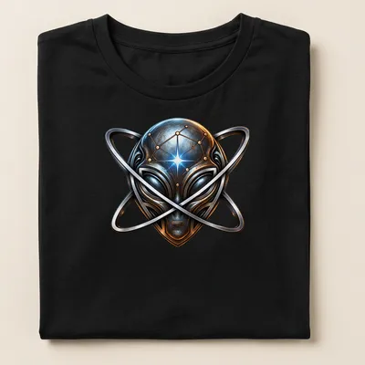 Metallic alien head with atomic symbol in silver, blue, gold, and black — printed on a women's shirt