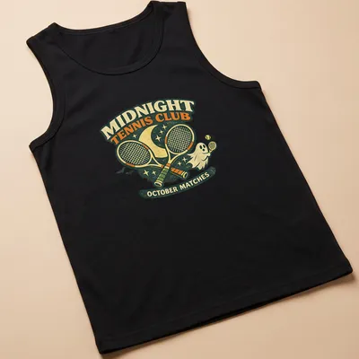 Ghost playing tennis graphic with retro vintage style and Halloween theme — printed on a tank top