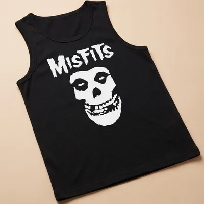 Bold graphic of a skull with the word Misfits in black and white. — printed on a tank top