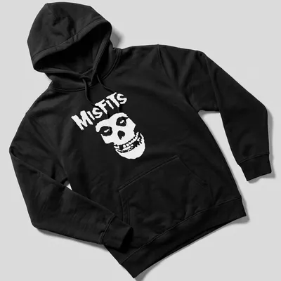 Bold graphic of a skull with the word Misfits in black and white. — printed on a unisex hoodie