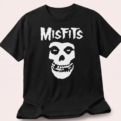 Bold graphic of a skull with the word Misfits in black and white.