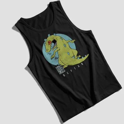Cartoon monster playfully destroying city buildings in yellow and blue — printed on a tank top