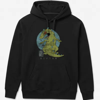 Cartoon monster playfully destroying city buildings in yellow and blue — printed on a unisex hoodie