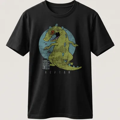 Cartoon monster playfully destroying city buildings in yellow and blue