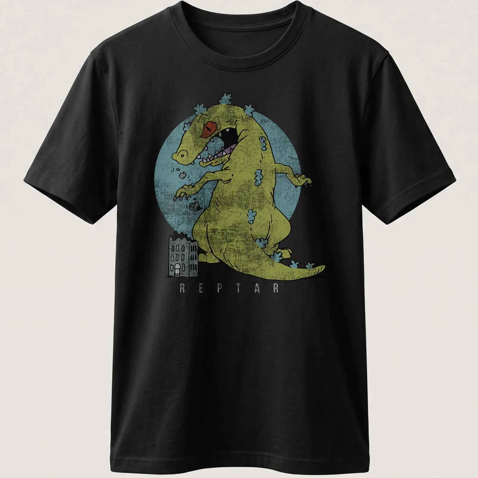 Cartoon monster playfully destroying city buildings in yellow and blue — printed on a unisex t-shirt