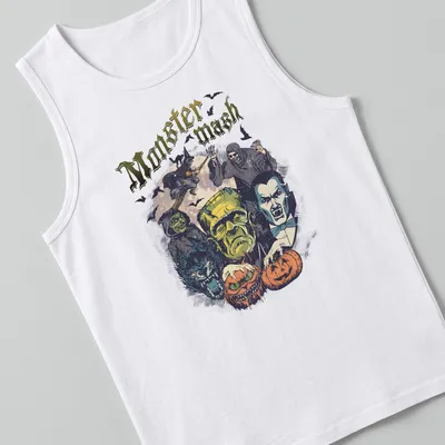 Vintage horror-themed t-shirt with Monster Mash text and Halloween characters — printed on a tank top