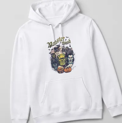 Vintage horror-themed t-shirt with Monster Mash text and Halloween characters — printed on a unisex hoodie