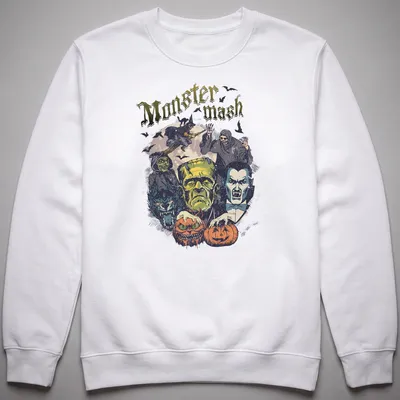 Vintage horror-themed t-shirt with Monster Mash text and Halloween characters — printed on a unisex sweatshirt