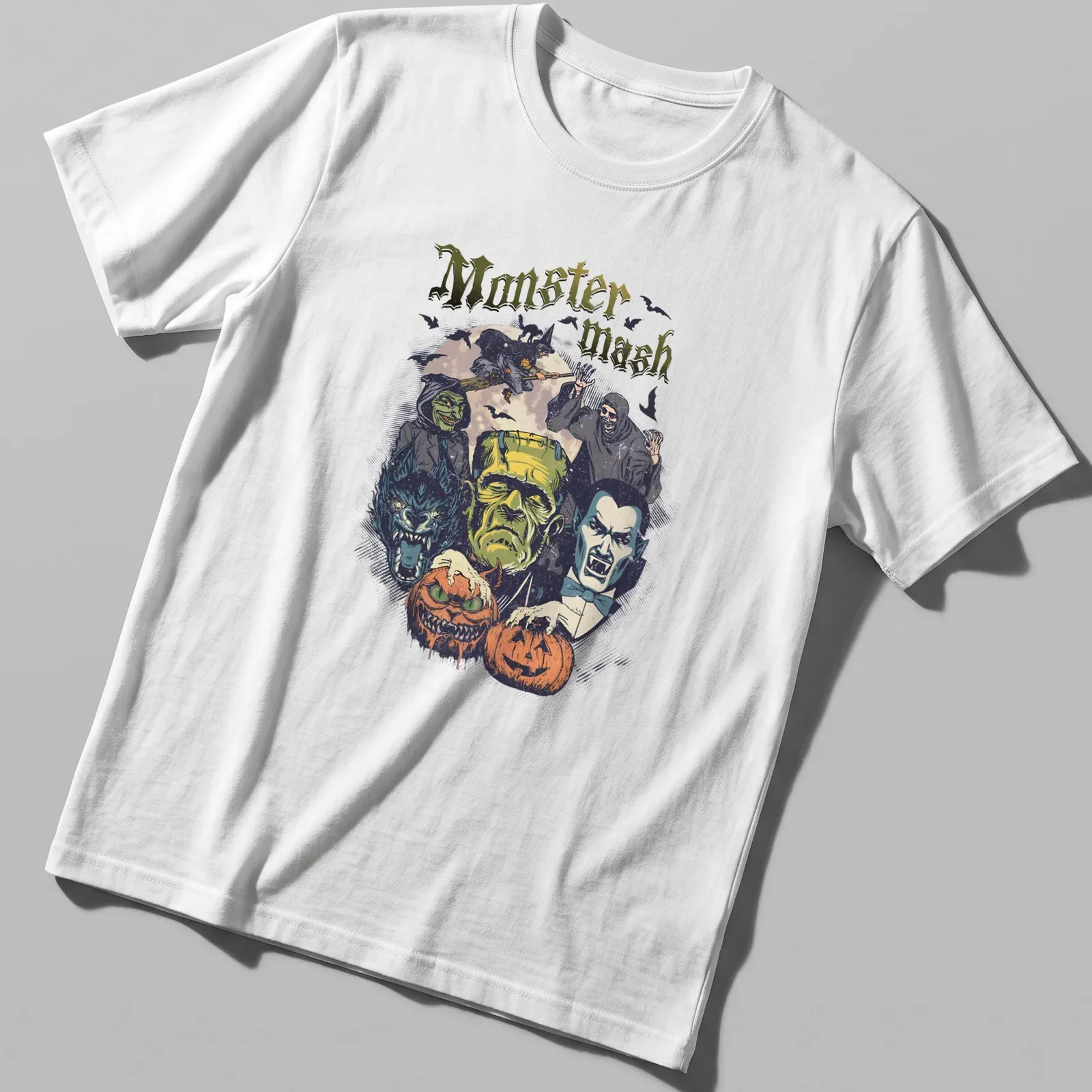 Vintage horror-themed t-shirt with Monster Mash text and Halloween characters — printed on a unisex t-shirt