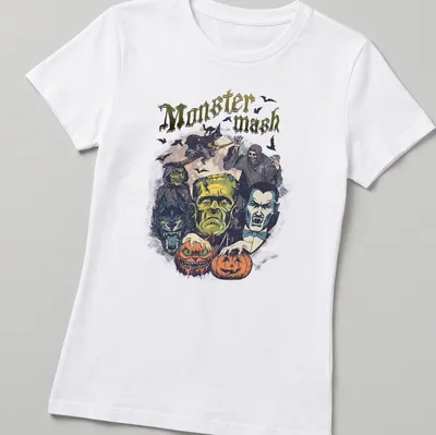Vintage horror-themed t-shirt with Monster Mash text and Halloween characters — printed on a women's shirt