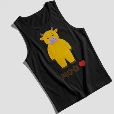 Cute yellow cow graphic with the text MOO ❤️ in kawaii style — printed on a tank top