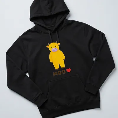 Cute yellow cow graphic with the text MOO ❤️ in kawaii style — printed on a unisex hoodie
