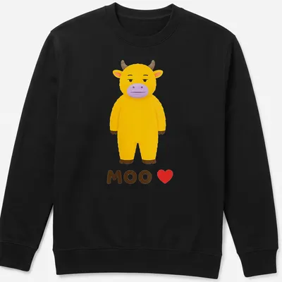 Cute yellow cow graphic with the text MOO ❤️ in kawaii style — printed on a unisex sweatshirt