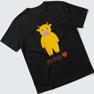 Cute yellow cow graphic with the text MOO ❤️ in kawaii style
