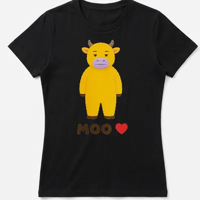 Cute yellow cow graphic with the text MOO ❤️ in kawaii style — printed on a women's shirt
