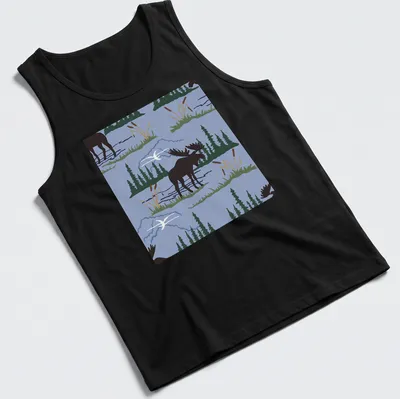 Illustration of a moose in a nature pattern against an ice blue background. — printed on a tank top