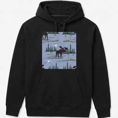 Illustration of a moose in a nature pattern against an ice blue background. — printed on a unisex hoodie