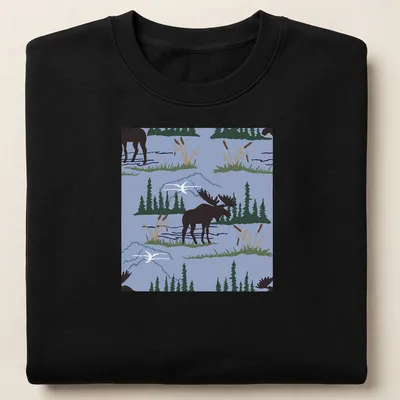 Illustration of a moose in a nature pattern against an ice blue background. — printed on a unisex sweatshirt