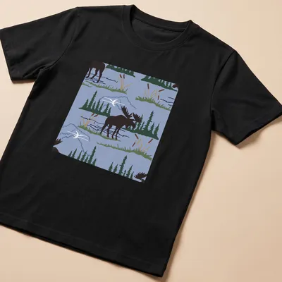 Illustration of a moose in a nature pattern against an ice blue background.