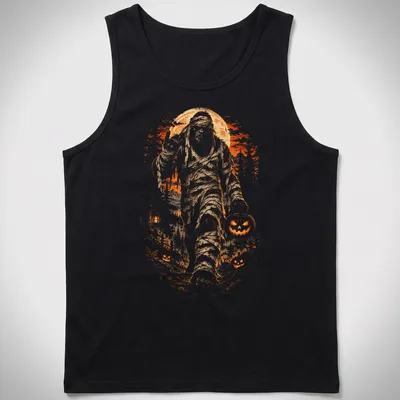 Horror illustration of a Mummy Bigfoot in a forest with orange and black tones — printed on a tank top