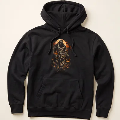 Horror illustration of a Mummy Bigfoot in a forest with orange and black tones — printed on a unisex hoodie