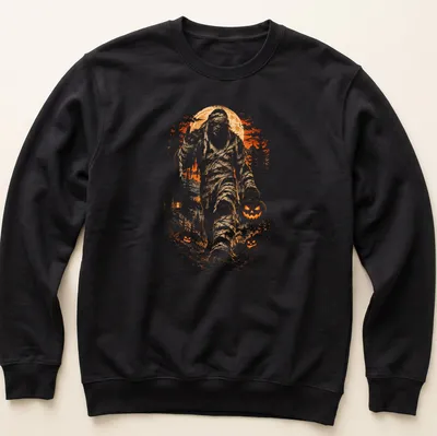 Horror illustration of a Mummy Bigfoot in a forest with orange and black tones — printed on a unisex sweatshirt