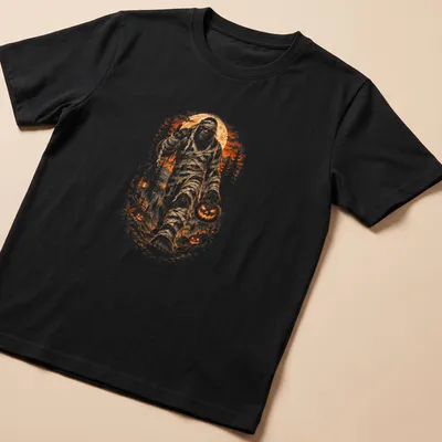 Horror illustration of a Mummy Bigfoot in a forest with orange and black tones