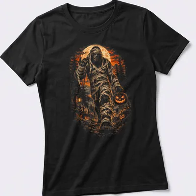 Horror illustration of a Mummy Bigfoot in a forest with orange and black tones — printed on a women's shirt