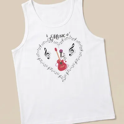 Colorful Music Heart design with acoustic guitar, microphone, musical notes — printed on a tank top