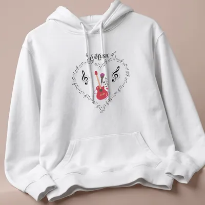 Colorful Music Heart design with acoustic guitar, microphone, musical notes — printed on a unisex hoodie