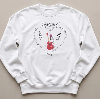 Colorful Music Heart design with acoustic guitar, microphone, musical notes — printed on a unisex sweatshirt