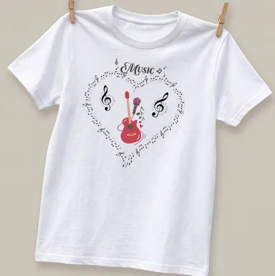 Colorful Music Heart design with acoustic guitar, microphone, musical notes
