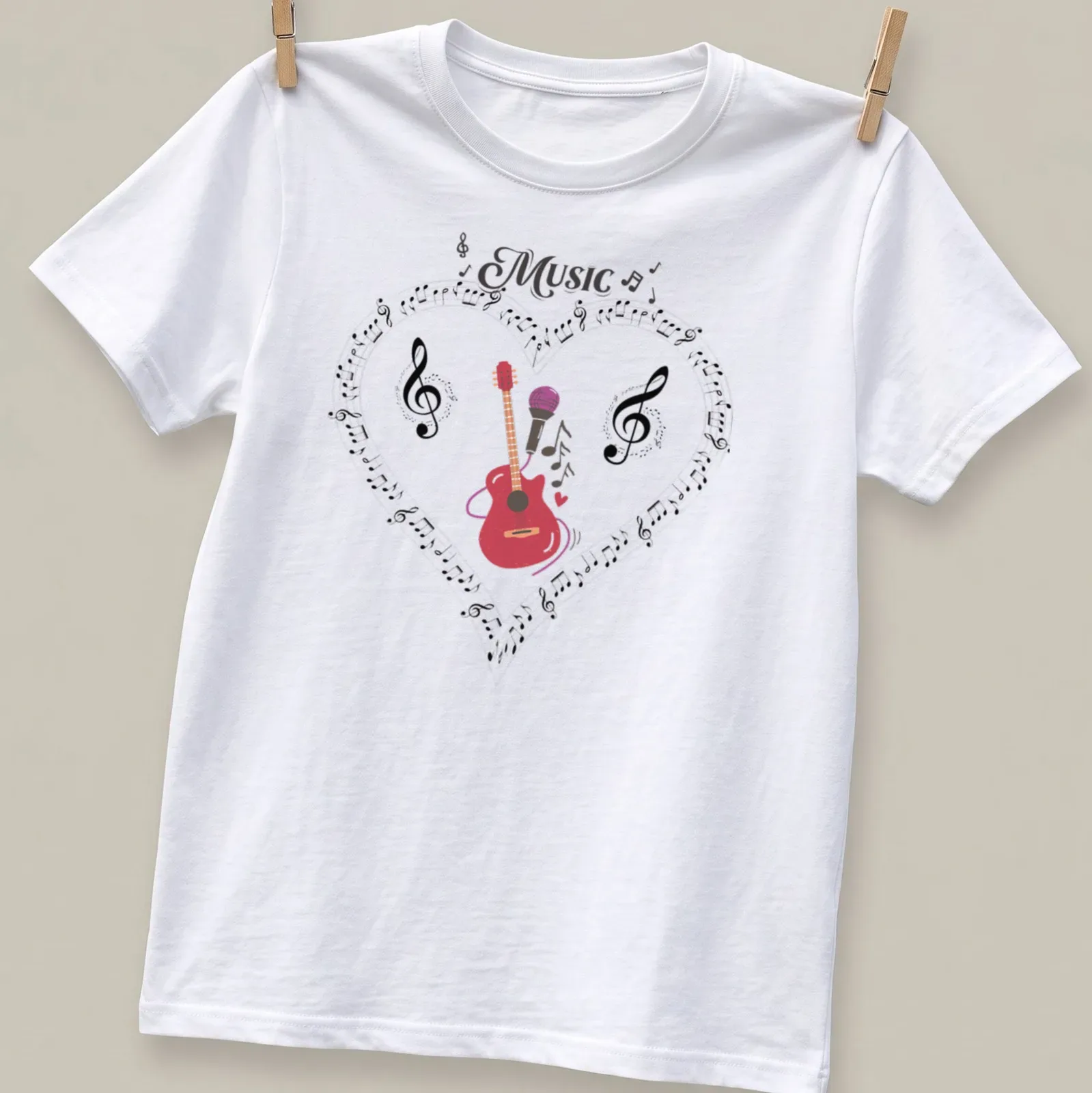 Colorful Music Heart design with acoustic guitar, microphone, musical notes — printed on a unisex t-shirt
