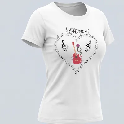 Colorful Music Heart design with acoustic guitar, microphone, musical notes — printed on a women's shirt