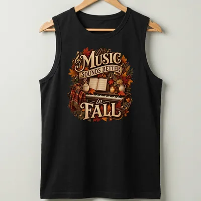 Cozy autumn-themed t-shirt with a piano and fall leaves, featuring the text 'Music Sounds Better in FALL' — printed on a tank top