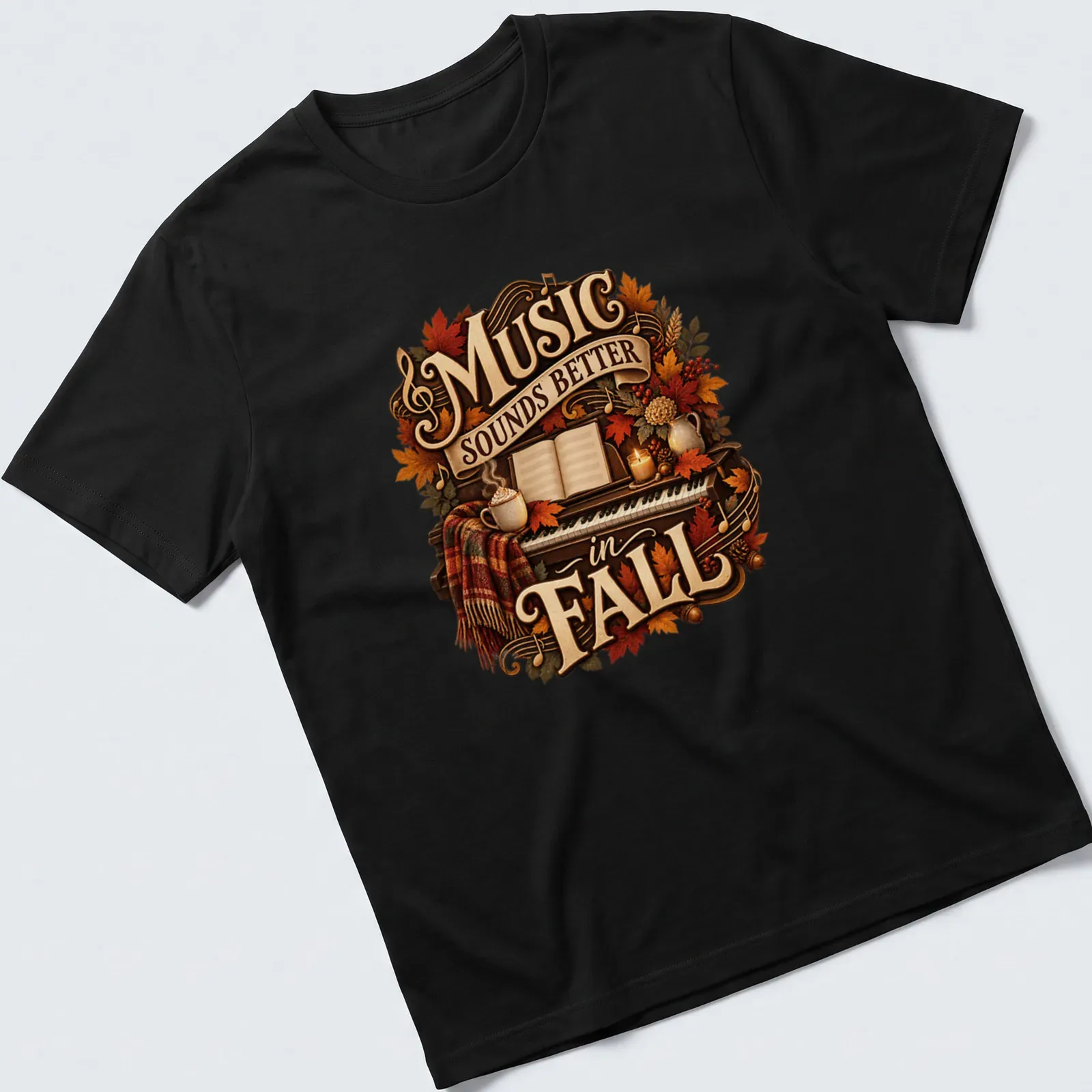 Cozy autumn-themed t-shirt with a piano and fall leaves, featuring the text 'Music Sounds Better in FALL' — printed on a unisex t-shirt