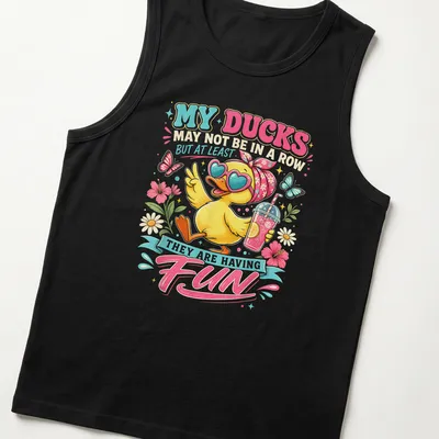 Colorful cartoon T-shirt featuring a happy yellow duck and playful text — printed on a tank top