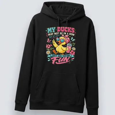 Colorful cartoon T-shirt featuring a happy yellow duck and playful text — printed on a unisex hoodie