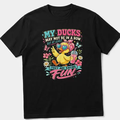 Colorful cartoon T-shirt featuring a happy yellow duck and playful text
