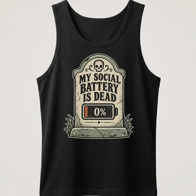 Vintage style t-shirt featuring a tombstone graphic with a battery icon and humorous text. — printed on a tank top