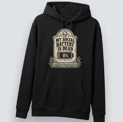 Vintage style t-shirt featuring a tombstone graphic with a battery icon and humorous text. — printed on a unisex hoodie